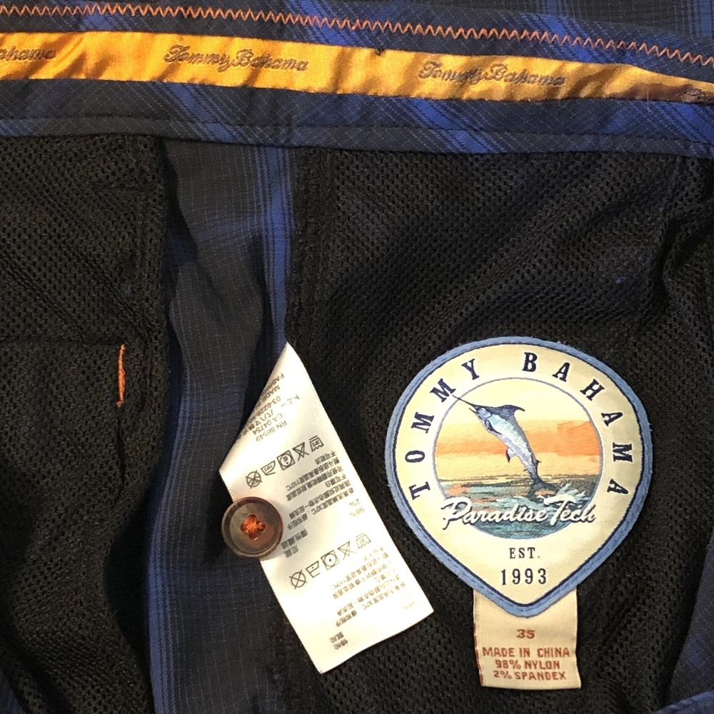 Tommy‎ Bahama Paradise Tech Shorts Mens 35 Blue Plaid Nylon Spandex Golf *Stains - Picture 3 of 16